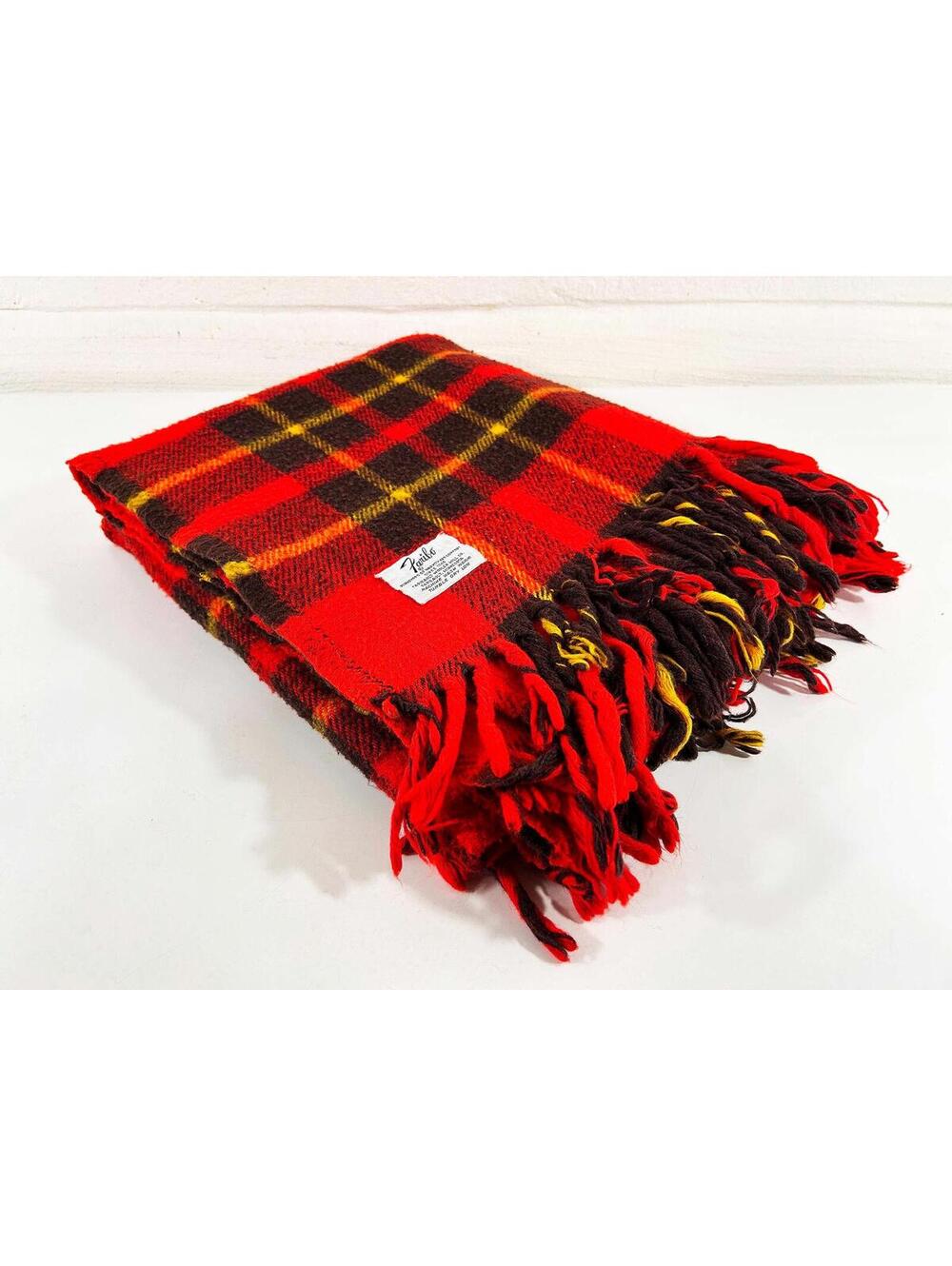 Red Plaid Fringe Throw Blanket 1960s Cozy Cabin Lodge Decor